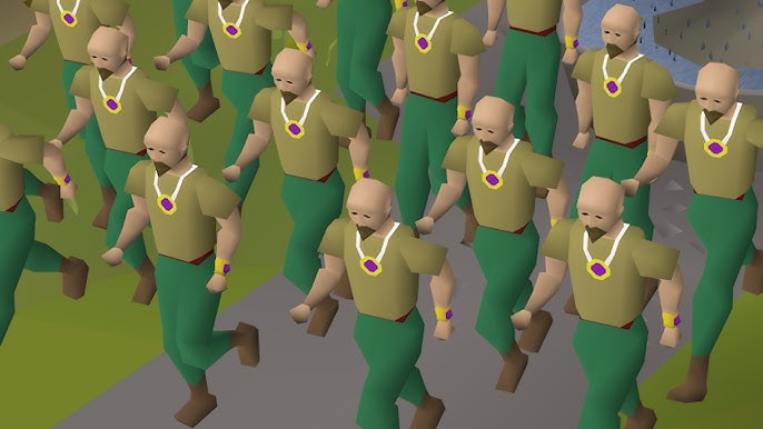 A crowd of identical agents running through Lumbridge