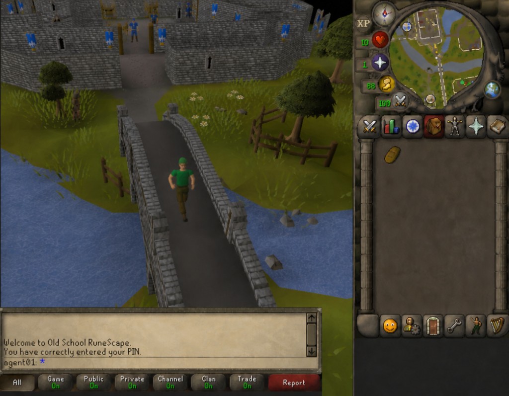 An agent named agent01 running across the Lumbridge castle bridge