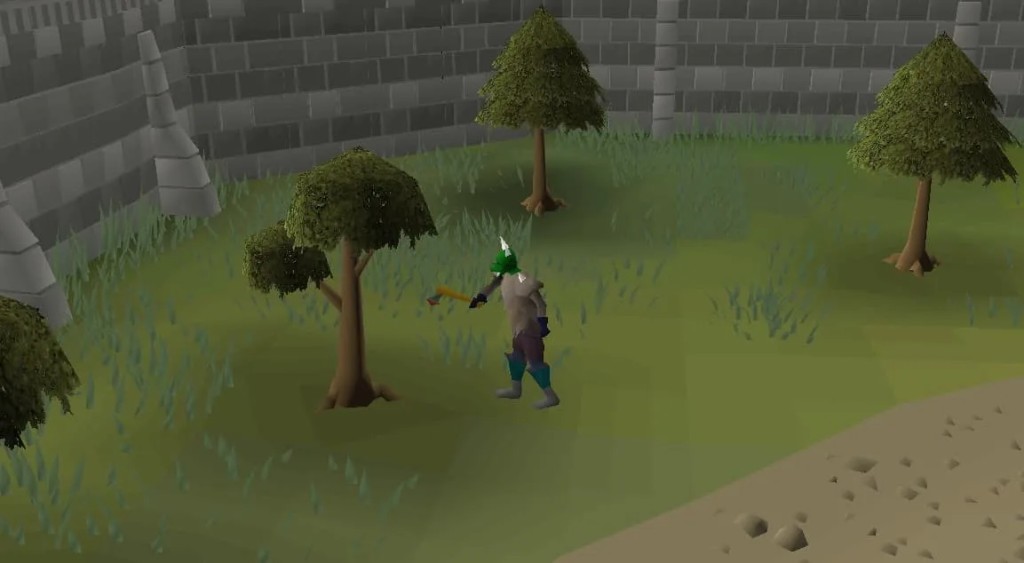An agent chopping a tree beside the Lumbridge castle wall